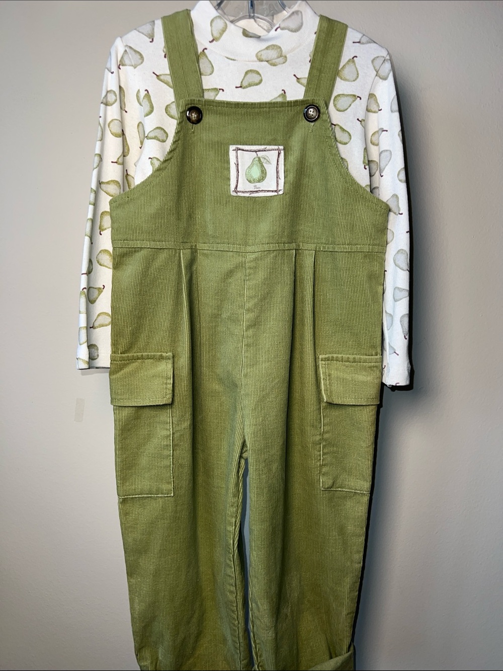 Vintage Kids Green Corduroy Overalls Jumpsuit with Matching Shirt
